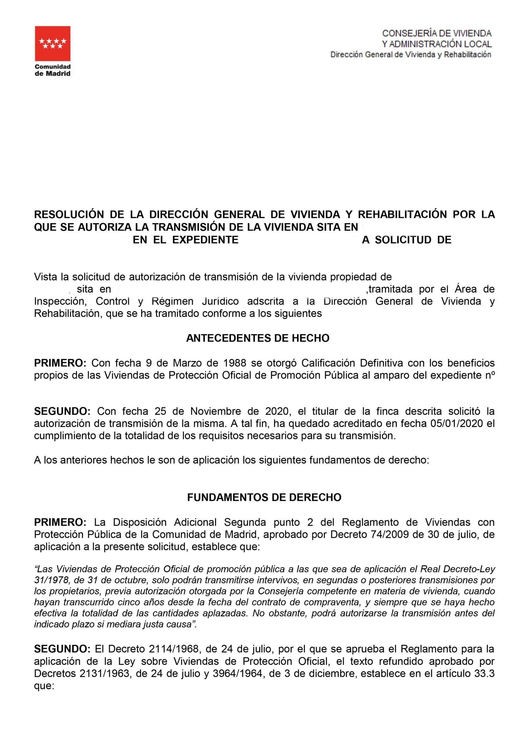 Autorización de venta para una VPO de Promoción Pública en Madrid