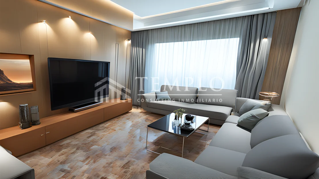 Salón moderno con mueble para televisión elegante reformado por Virtual Home Staging.