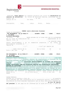 Nota simple con la cédula de calificación definitiva transcrita, expedida por la Comunidad de Madrid, y los precios máximos